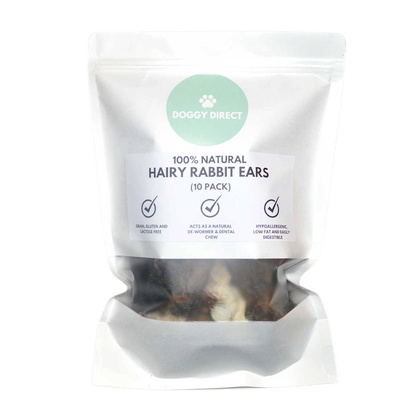 Doggy Direct Natural Hairy Rabbit Ears Dog Treats - 10 PACK